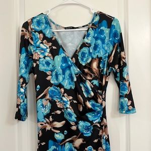 Ouges Beautiful Women’s V-Neck Black/Blue/Brown Floral Maxi Dress With Pockets S